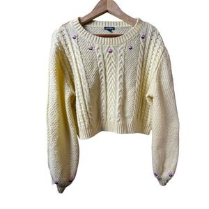 Wild Fable Yellow Cable‎ Knit Cropped Sweater Floral Embroidered XL Cottagecore